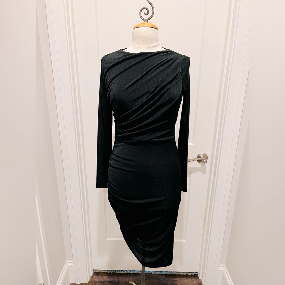 H&M Black Asymmetrical Long-Sleeve Ruched Dress